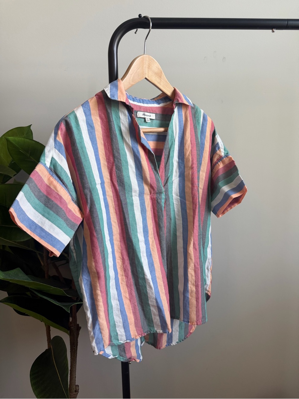 Madewell Multicolor Vertical Stripe Short Sleeve Shirt - Blue, Green & Peach